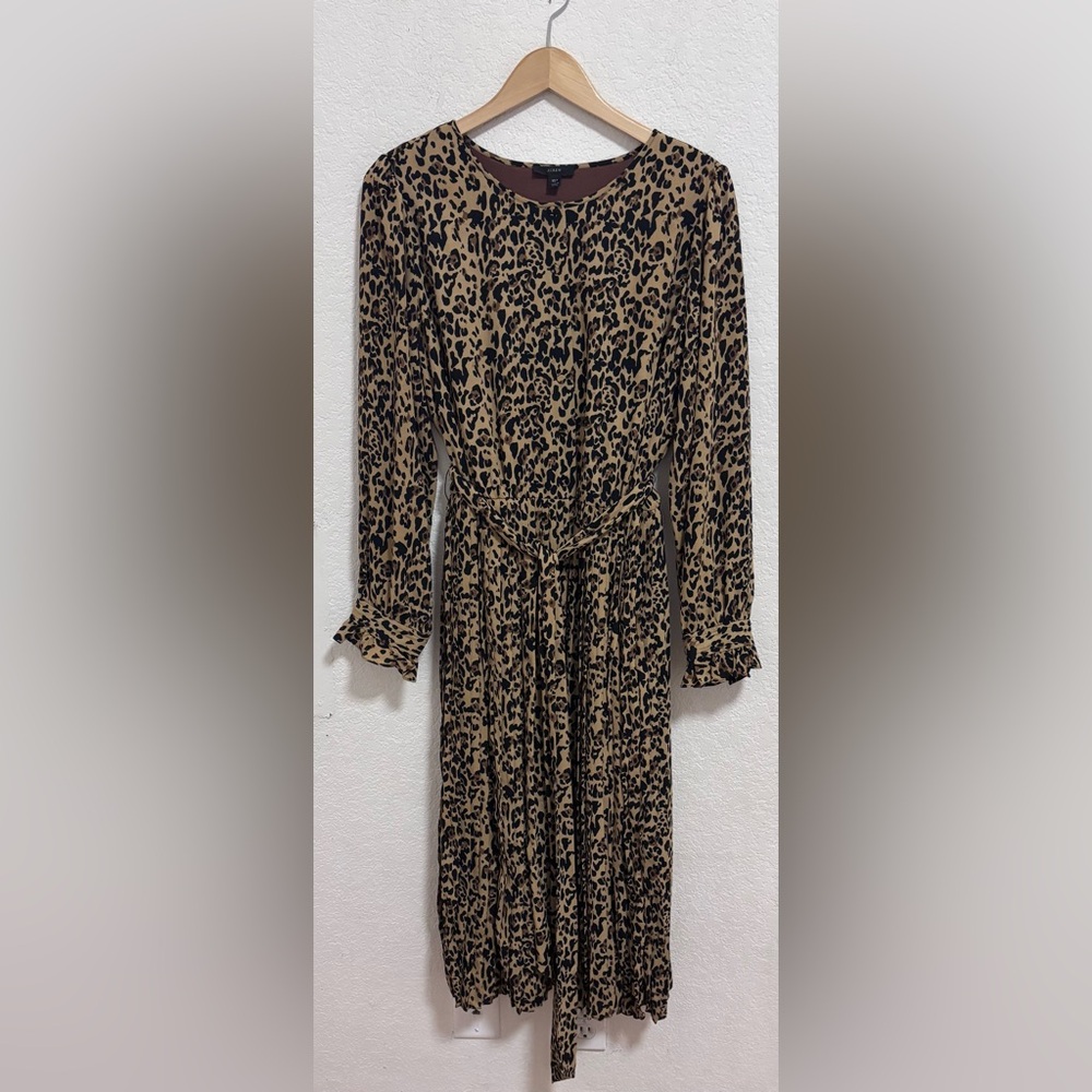 J. Crew leopard print long sleeve pleated midi dress 16 tall